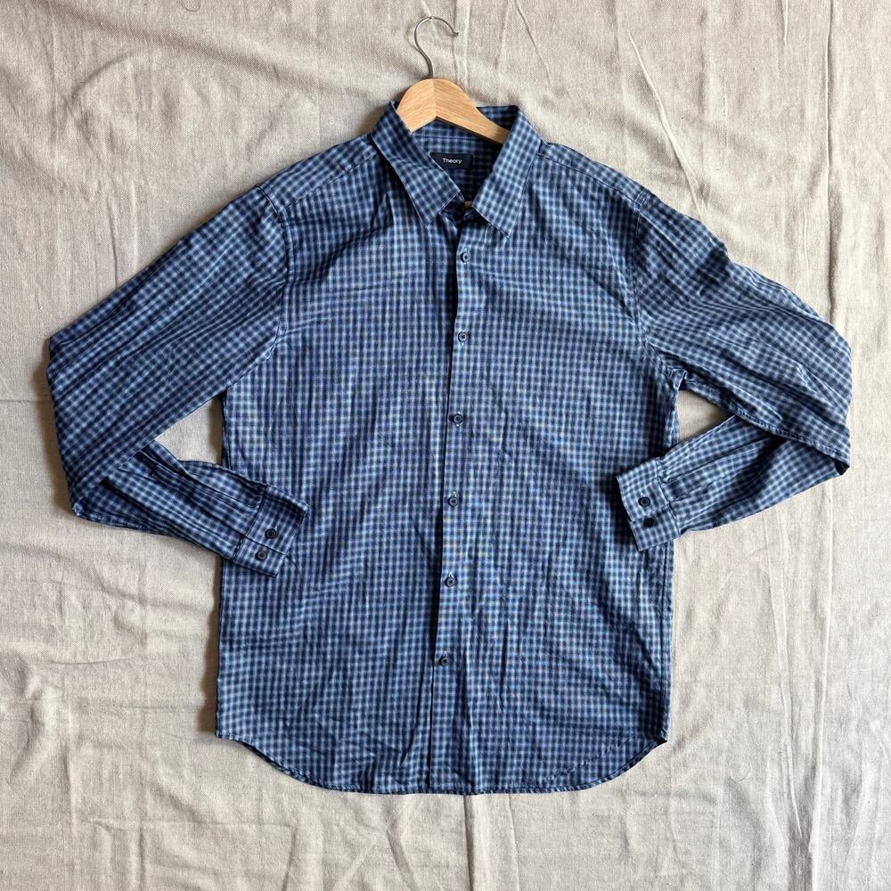 Theory Shirt Men's L Irving Fade Check Blue Gray Plaid Long Sleeve Cotton Light
